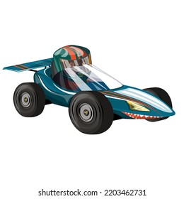 Vector image of a stylized racing car in the form of a shark with a bear racer in an outfit and a helmet. Concept. Isolated on white background. EPS 10