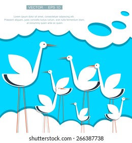 Vector image of an stylized stork on a background of blue sky with clouds. Eps 10