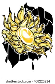 A vector image of stylized sunflower. With black spots on white background, yellow petals, and yellow middle.