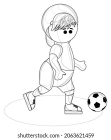 Vector image of a stylized image of a young man with a ball in the form of a football player. Isolated over white background. EPS 10. Outline style.