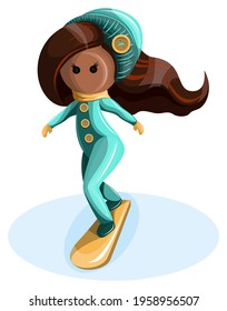 Vector image of a stylized image of a young sports girl on a snowboard. Cartoon style. Isolated over white background. EPS 10