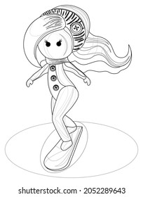 Vector image of a stylized image of a young sports girl on a snowboard. Outline style. Isolated over white background. EPS 10