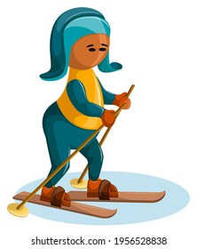 Vector image of a stylized image of a young sporty man on skis. Cartoon style. Isolated over white background. EPS 10