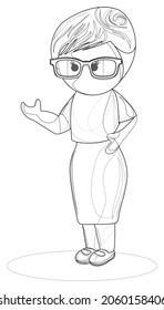 vector image of a stylized image of a young woman wearing glasses, whose appearance indicates her serious attitude, possibly in the field of education. Outline style. EPS 10