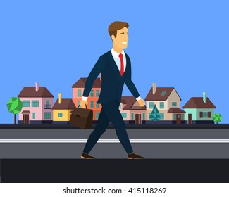 Vector image of successful businessman with briefcase. Business traveler with city skyline original. Business  trip. Cartoon man in a blue suit and red tie walking down the street with colorful houses