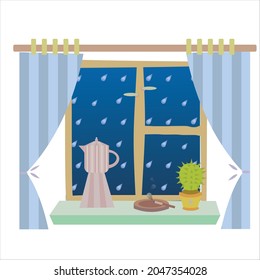 vector image of a succulent, a coffee pot and a cigarette on a windowsill. Image of cozy rany evening spent at home  with a view on a rain. 