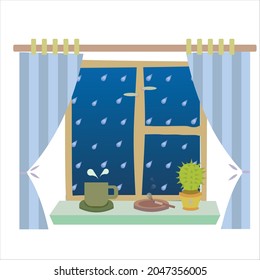 vector image of a succulent, a cup and a cigarette on a windowsill. Image of cozy rany evening spent at home  with a view on a rain. 