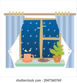 vector image of a succulent, a cup and a cigarette on a windowsill. Image of a cozy rany evening spent at home  with a view on a rain. 