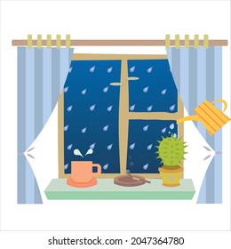 vector image of a succulent, a cup , a watering can and a  cigarette on a windowsill. Image of cozy rany evening spent at home  with a view on a rain. 