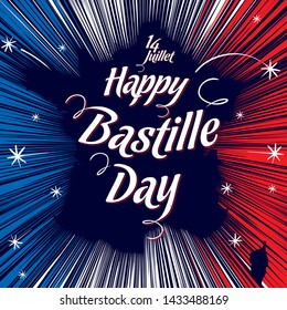 A vector image suitable for a poster or greeting card on the Bastille Day. France's contour outlined by sparkles of fireworks with the inscription "14. Juillet - Happy Bastille Day" in the colors of t