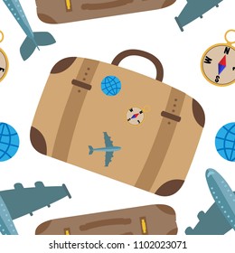 Vector image of suitcases, airplane, globe, compass. A seamless pattern on the subjects of travel.