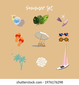 Vector image, summer beach set consisting of glasses, parasol, flip flops, seashells, palms, ship and flower.