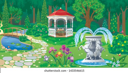 Vector image of summer garden with carved wooden gazebo, pond and marble fountain decorated with horse figures on the edge of the forest