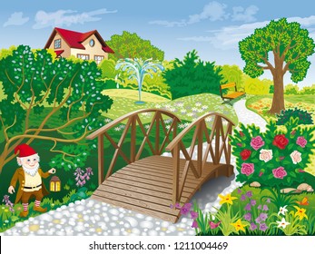 Vector Image Of A Summer Garden With A Wooden Bridge, A Bench And A Garden Gnome