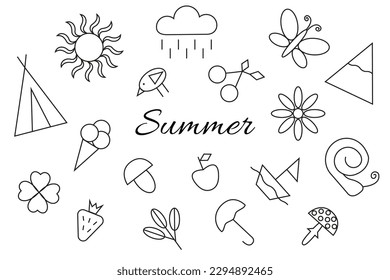 Vector image of Summer objects in Doodle style. Simplified illustrations of summer outdoor recreation.