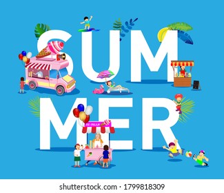 Vector image with summer plots. Ice cream maker sells ice cream, kids play, sunbathe and drink lemonade