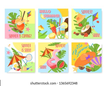 Vector image with summer spirit. Vector summer time concept. Hello summer banner, badge. Modern promotion square web banner for social media mobile apps. Email ad newsletter layouts Beach vacation set