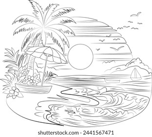 Vector image of a summer sunset tropical beach with palm trees and waves in the background, hand-drawn during sunrise and sunset. Nature scene, children coloring pages of the beach