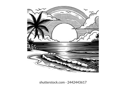 Vector image of a summer sunset tropical beach with palm trees and waves in the background, hand-drawn during sunrise and sunset. Nature scene, children coloring pages of the beach