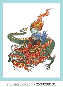 Vector image of sun gokong and flying dragon, full color