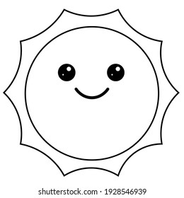 Imagen vectorial del sol en línea. Sunny con la cara kawaii emoji. Aislado, de fondo blanco.