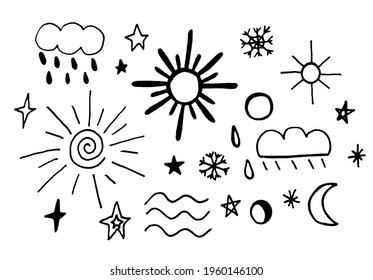 vector image of the sun, moon, stars, clouds on a white background. Set of natural elements. Doodles. Weather