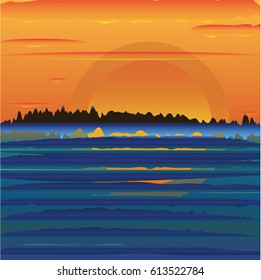 vector image of the sun on the sea, ocean