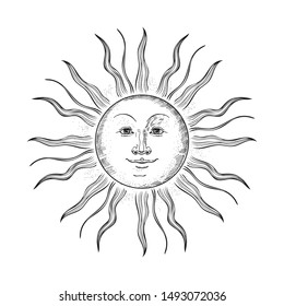 Hand Drawn Sun Face Stylized Engraving Stock Vector (Royalty Free ...