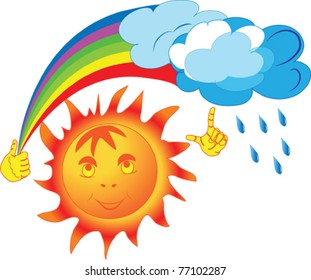 vector image of the sun, which keeps the rainbow and the second hand drives away the clouds