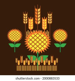 vector image sunflower and ears of wheat