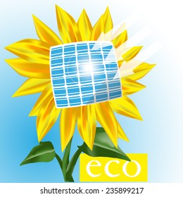 Vector image of the sunflower getting energy from the Sun with the solar panel