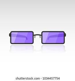 Vector image of sunglasses with purple lenses on a white background with a mirror shade from the glasses. Flat.