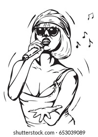 Vector image of a sunglasses singer holding a microphone in one hand and music notes around her