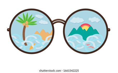 Vector image of sunglasses. In which the waves of the sea of ​​the ocean, palm trees with coconuts, mountains and fish are reflected. The sun sets, rises due to the mountains. For travel magazines.