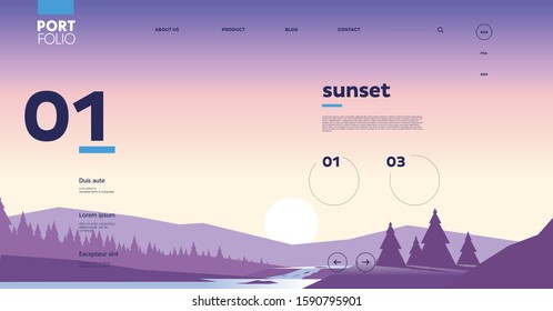 Vector image of sunset, mountains, clean, minimalistic background, wallpaper on the desktop and mobile screen, interface template