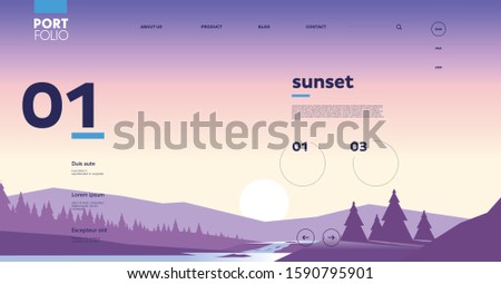 Vector image of sunset, mountains, clean, minimalistic background, wallpaper on the desktop and mobile screen, interface template