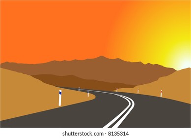 vector image of sunset over the mountains road
