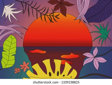 vector image of sunset and sea through tropical foliage contrast