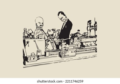 Vector image - superiors inspecting machines at the factory