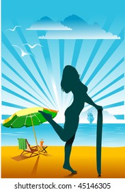 Vector image of surprised girl in an beach;