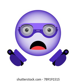 Vector image of a surprised smiley in virtual reality glasses with a new generation of controllers in hand in the ultraviolet color. Isolated vector on a white background.