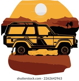 Vector image of SUV in desert. Silhouette at sunset, isolated from background..