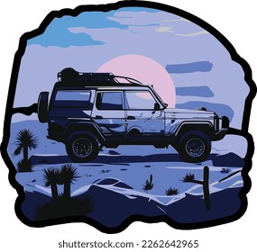 Vector image of SUV in desert. Silhouette at sunset, isolated from background..