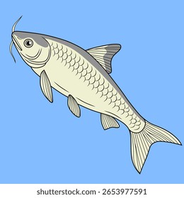 Vector image of a swai fish with detailed fins and scales, set against a blue background. Clean and simple aquatic design.