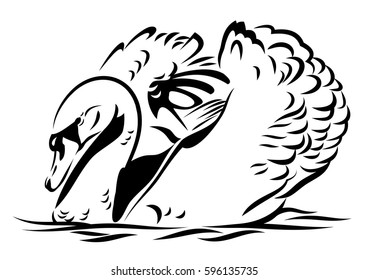 Vector image of a swan floating on the waves