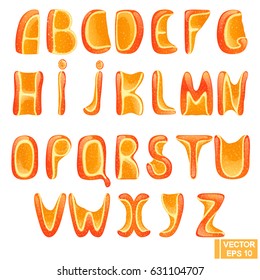 Vector image. Sweet alphabet. The letters of fruit jelly. Candy jelly in sugar.
