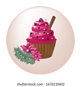 Vector image: image of a sweet cupcake with a cinnamon stick, flowers