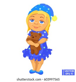 Vector image. Sweet girl. Lovely sleepy baby with a bear