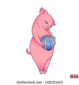 Vector image. Sweetie pink pig girl, a symbol of the new year. Piggy holds a gift.