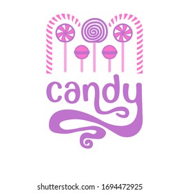 Vector image of sweets and candies in violet-pink color on a white background. Logo of sweets shop, candy shop, candy bar for children.